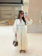V-Neck Button Front Puff Sleeve Eyelet Lace Embroidered Tiered Maxi Dress