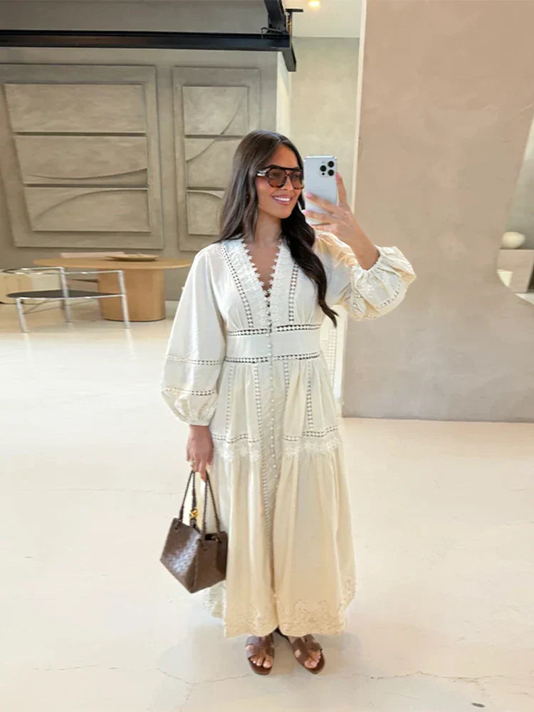 V-Neck Button Front Puff Sleeve Eyelet Lace Embroidered Tiered Maxi Dress
