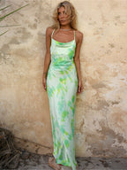 Tie-Dye Print Cowl Neck Spaghetti Strap Slip Maxi Dress