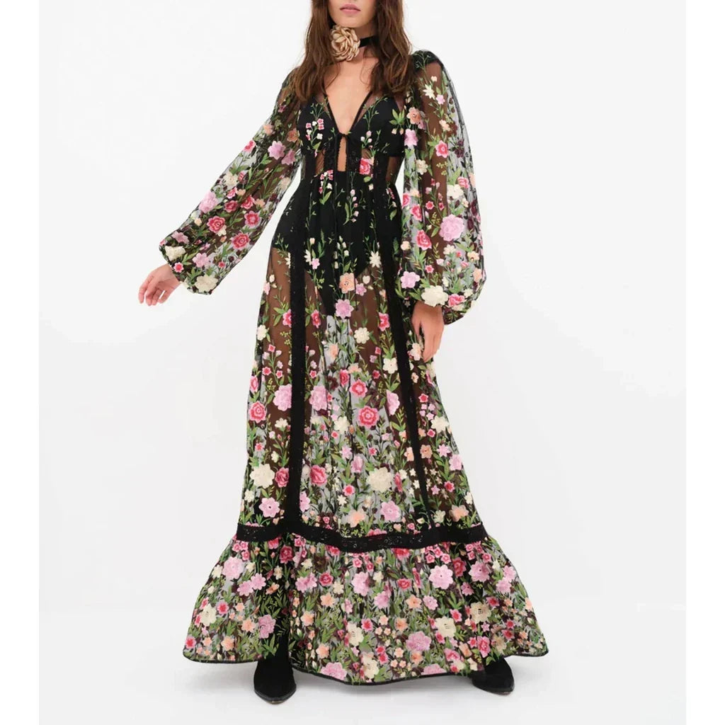 Sheer Floral Embroidered Bishop Sleeve Lace Trim Tiered Maxi Dress