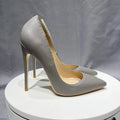 Grey Leather Soft Female Stiletto High Heel Shoes 10Cm Pointy Toe