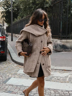 Retro Striped Scarf Collar Wool Blends Jacket Women Chic Pockets Single Breasted Full Sleeve Coat Lady New Elegant Outwear