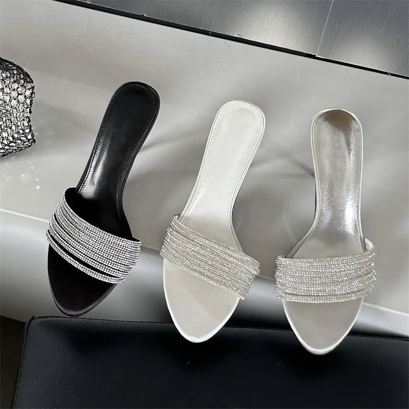 Crystal Women's Summer Street Narrow Band Thin High Heel Slippers
