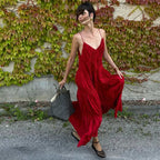 Pleated Deep V Neck Spaghetti Strap Tiered Maxi Dress