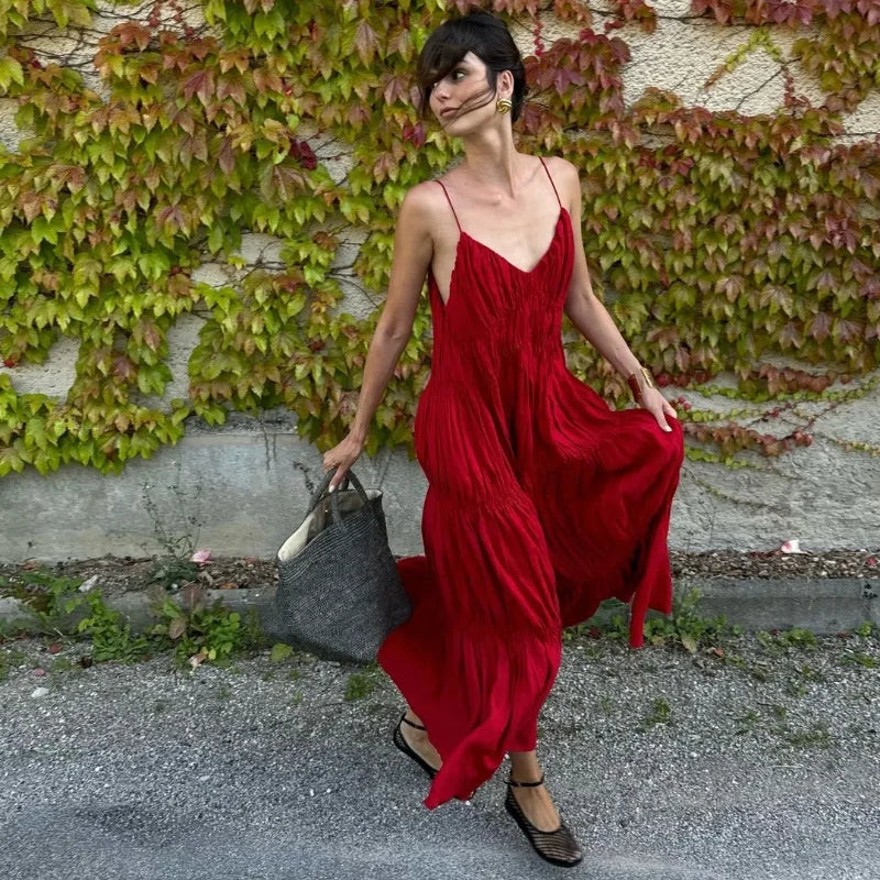 Pleated Deep V Neck Spaghetti Strap Tiered Maxi Dress