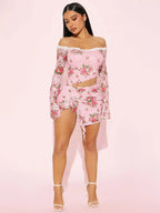 Floral Lace Off Shoulder Long Sleeve Crop Top Mini Skirt Set