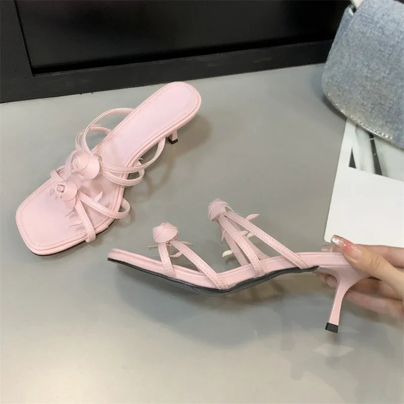 Satin Narrow Band Flower Slipper with Open Toe and Thin Heels