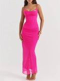 Spaghetti Strap Sweetheart Corset Bodice Lace Trim Ruched Mesh Maxi Dress