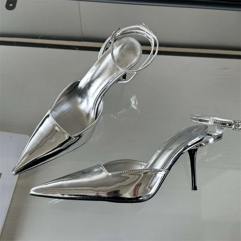 Gold Silver Ankle Buckle Strap Women Pumps with Sexy Pointed Toe and Thin High Heels