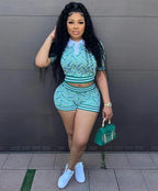 Digital Print Turn Down Collar Top Two Piece Shorts Set