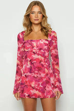 Printed Long Sleeve Mini Dress with Square Collar and High Waist