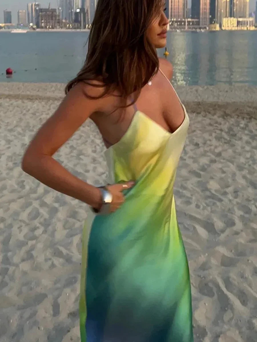 Watercolor Print Spaghetti Strap Deep V Neck Satin Slip Maxi Dress