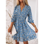 Ditsy Floral V-Neck Smocked Waist Ruffle Hem Mini Dress