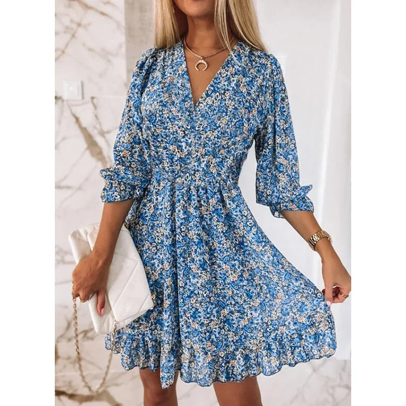 Ditsy Floral V-Neck Smocked Waist Ruffle Hem Mini Dress
