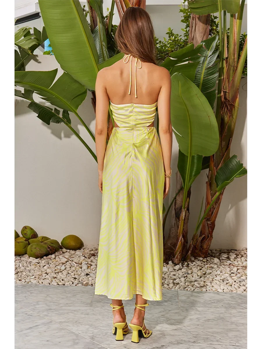 Floral Print Halter Ring Neck Side Waist Cutout Column Midi Dress