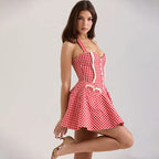 Gingham Halter Sweetheart Button Front Ruffle Pocket Fit and Flare Mini Dress
