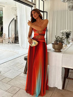 Strapless Twisted Bodice Diamond Cutout Layered Tulle Maxi Dress