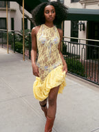 Floral Lace Racerback Ruffle Hem Sheer Maxi Dress
