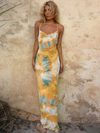 Tie-Dye Print Cowl Neck Spaghetti Strap Slip Maxi Dress