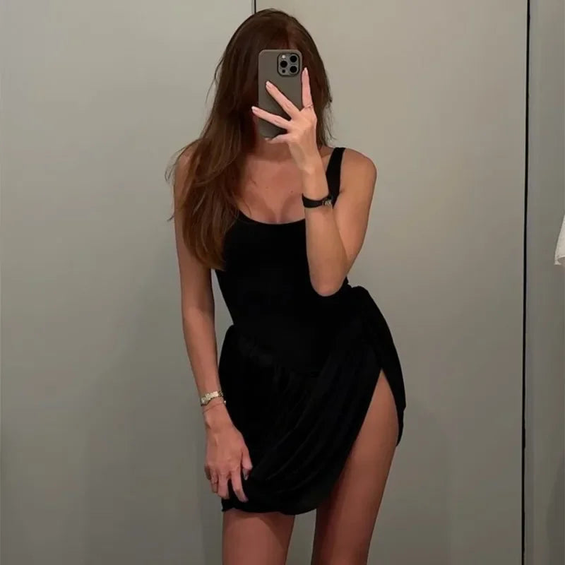 Scoop Neck Gathered Bubble Hem Mini Skirt and Bodycon Mini Dress Two Piece Set