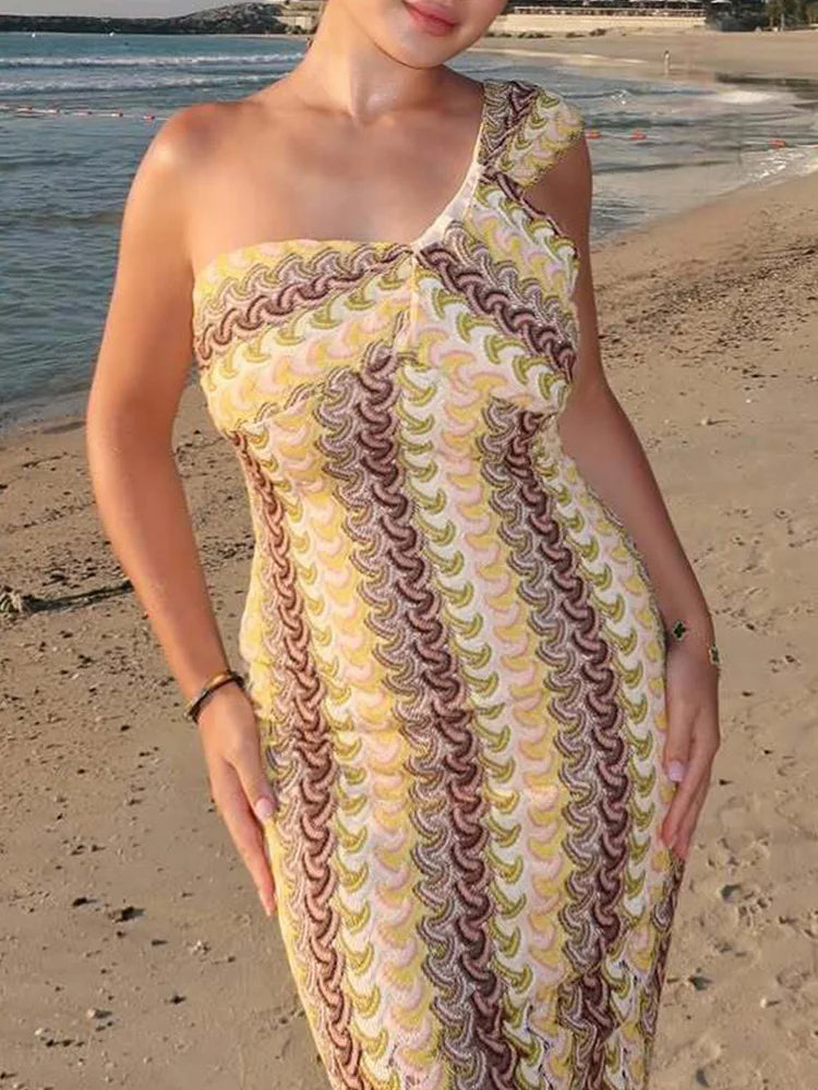 Scallop Pattern One Shoulder Ruffle Strap Bodycon Midi Dress