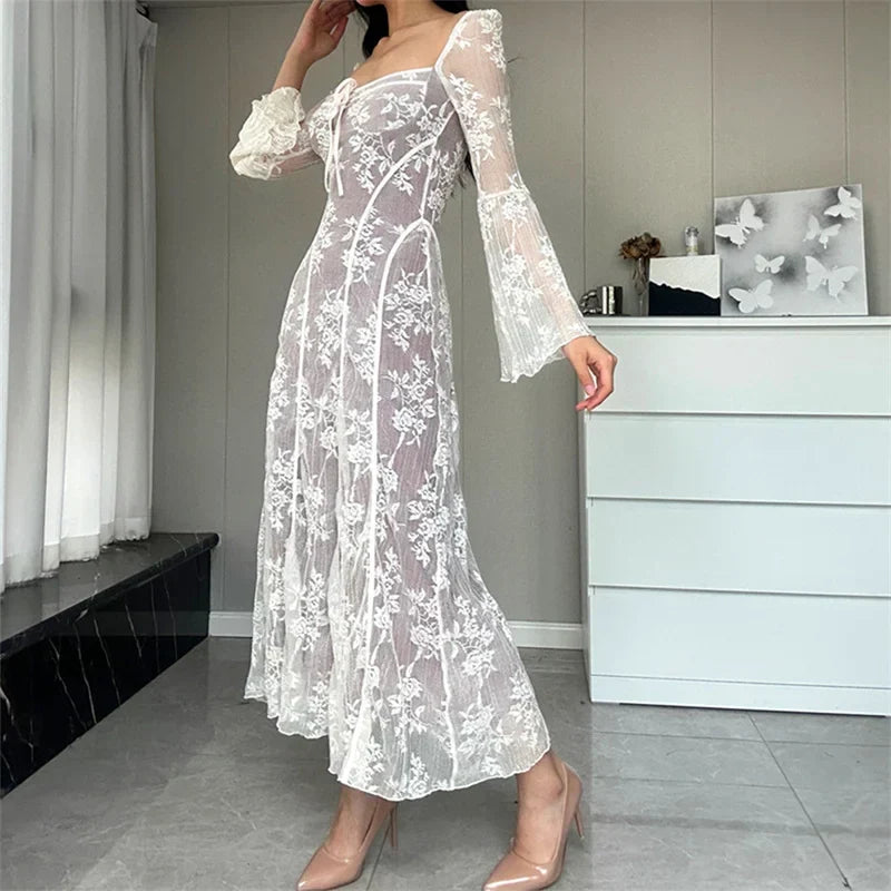 Square Neck Tie Detail Lace Bell Sleeve Paneled Midi Dress
