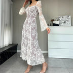 Square Neck Tie Detail Lace Bell Sleeve Paneled Midi Dress