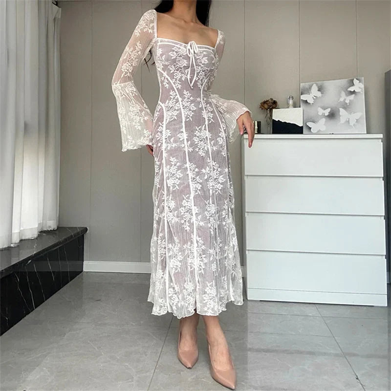 Square Neck Tie Detail Lace Bell Sleeve Paneled Midi Dress
