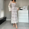 Square Neck Tie Detail Lace Bell Sleeve Paneled Midi Dress