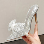 Pointed Toe Mule High Heels Stripper with Bowknot and Transparent PVC