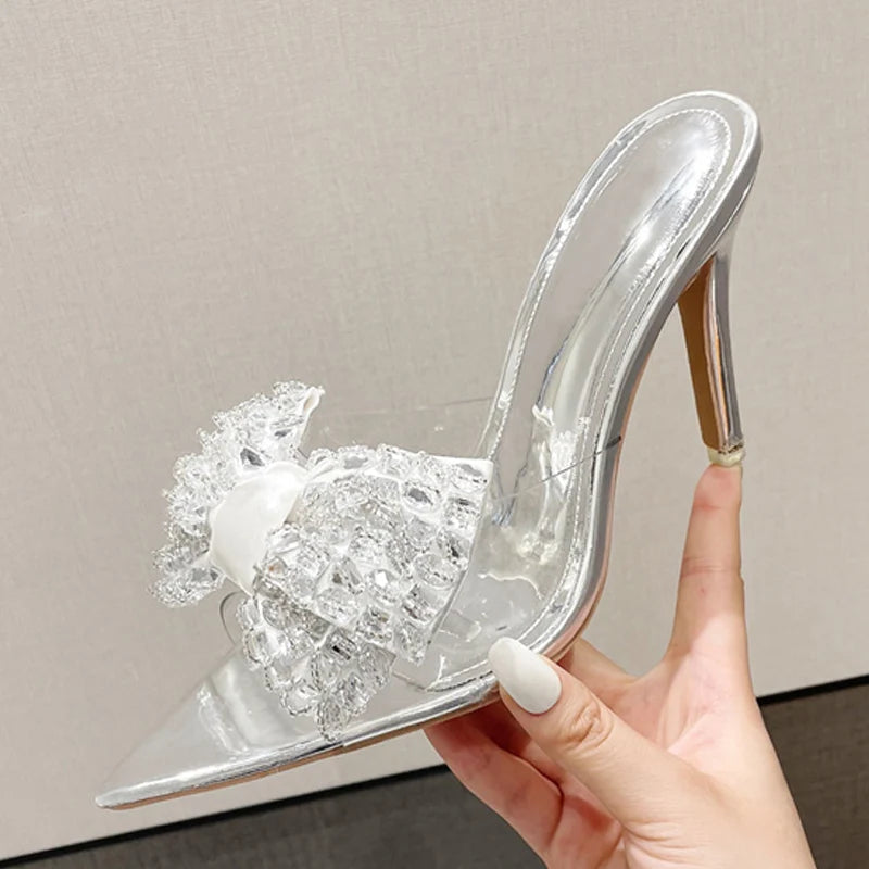 Pointed Toe Mule High Heels Stripper with Bowknot and Transparent PVC