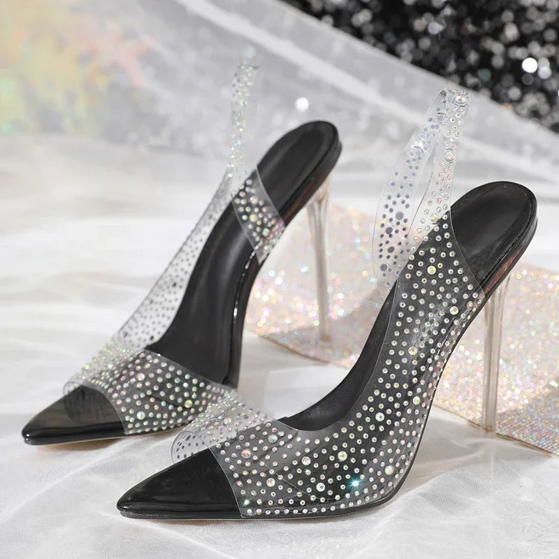 PVC Transparent CRYSTAL High Heels Sandals for Women with Peep Toe Slip-On Style