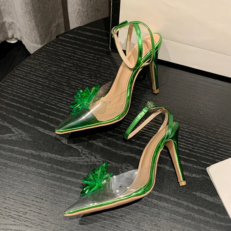 Crystal Flower Women Pumps with Sexy Pointed Toe and Green High Heels