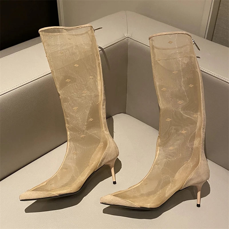 Mesh Knee-High Boots with Thin Heels and Pointed Toe Zipper Sandals
