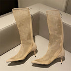 Mesh Knee-High Boots with Thin Heels and Pointed Toe Zipper Sandals