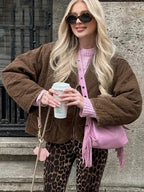Brown Quilted Padded Suede Coat Women Long Sleeve Lace Up Cropped Jacket Autumn Winter Casual Lightweight New In Outerwears