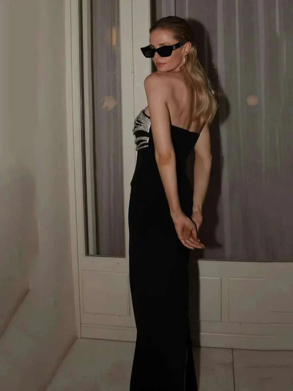 Strapless Wave Rhinestone Bandage Maxi Dress