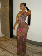 Floral Print Halter Neck Cowl Plunge Mesh Bodycon Maxi Dress