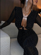Rhinestone Mesh Long Sleeve Tie Front Cut Out Two Piece Set