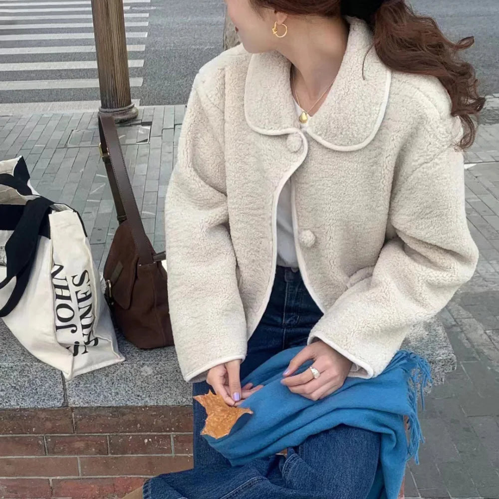 Women's Winter Sweet Plush Coat Lamb Fur Jacket Peter Pan Collar Single Breasted Short Outerwears