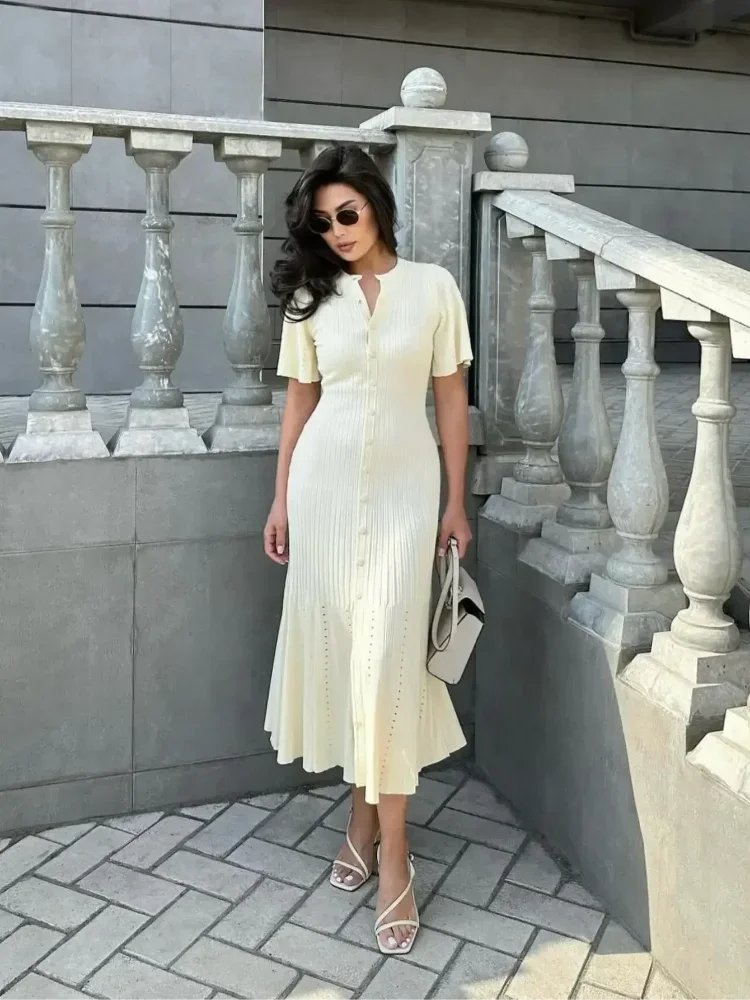 Fashion Elegant Hollow Out Knitted Dress Women Solid Short Sleeved Breasted Slim Dresses 2024 Elegant Female Commuting Robes