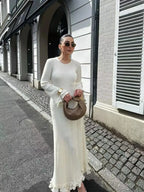 Autumn New Ladies Elegant Flared Sleeve Knitted Dress Women Fashion Crew Neck White Slim Robes Summer Female Party Dresses