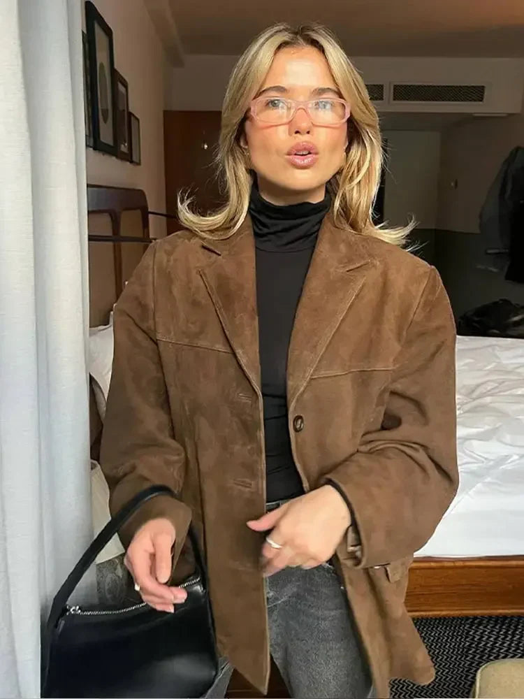Woman Fashion Brown Lapel With Pocket Jacket Vintage Single Breasted Long Sleeve Short Coat Autumn Lady High Street Outerwear