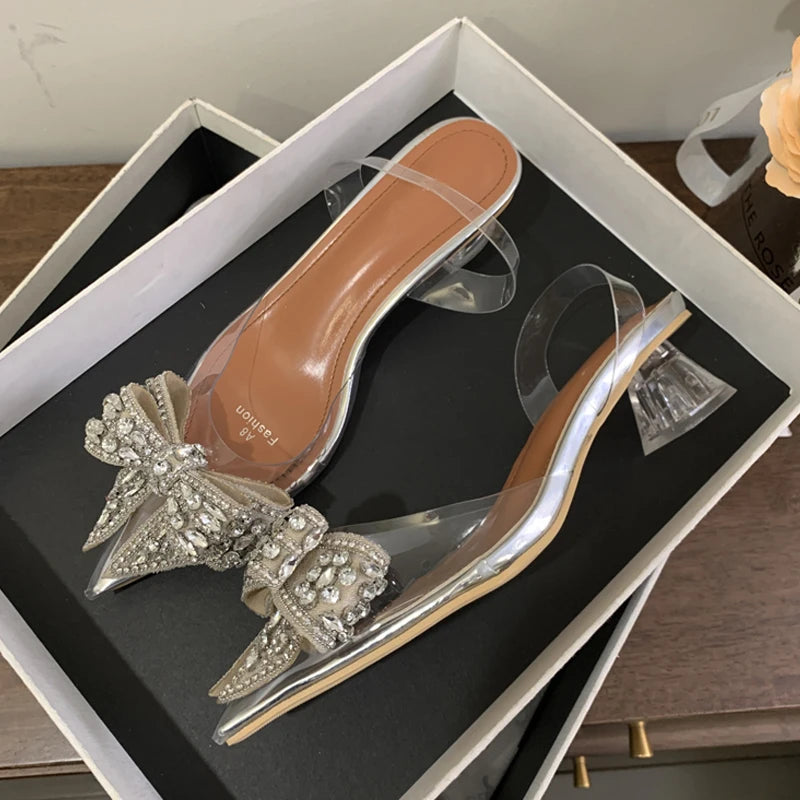 PVC Transparent Sequined Bowknot Women Pumps with Crystal Low and High Heels