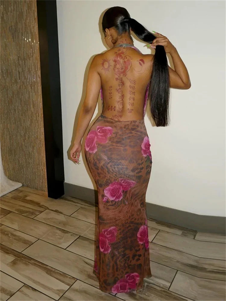 Floral Print Halter Neck Cowl Plunge Mesh Bodycon Maxi Dress