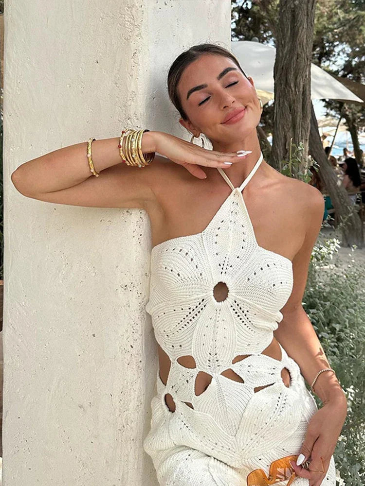 Crochet Knit Halter Neck Cut Out Mini Dress