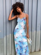 Tie-Dye Print Cowl Neck Spaghetti Strap Slip Maxi Dress