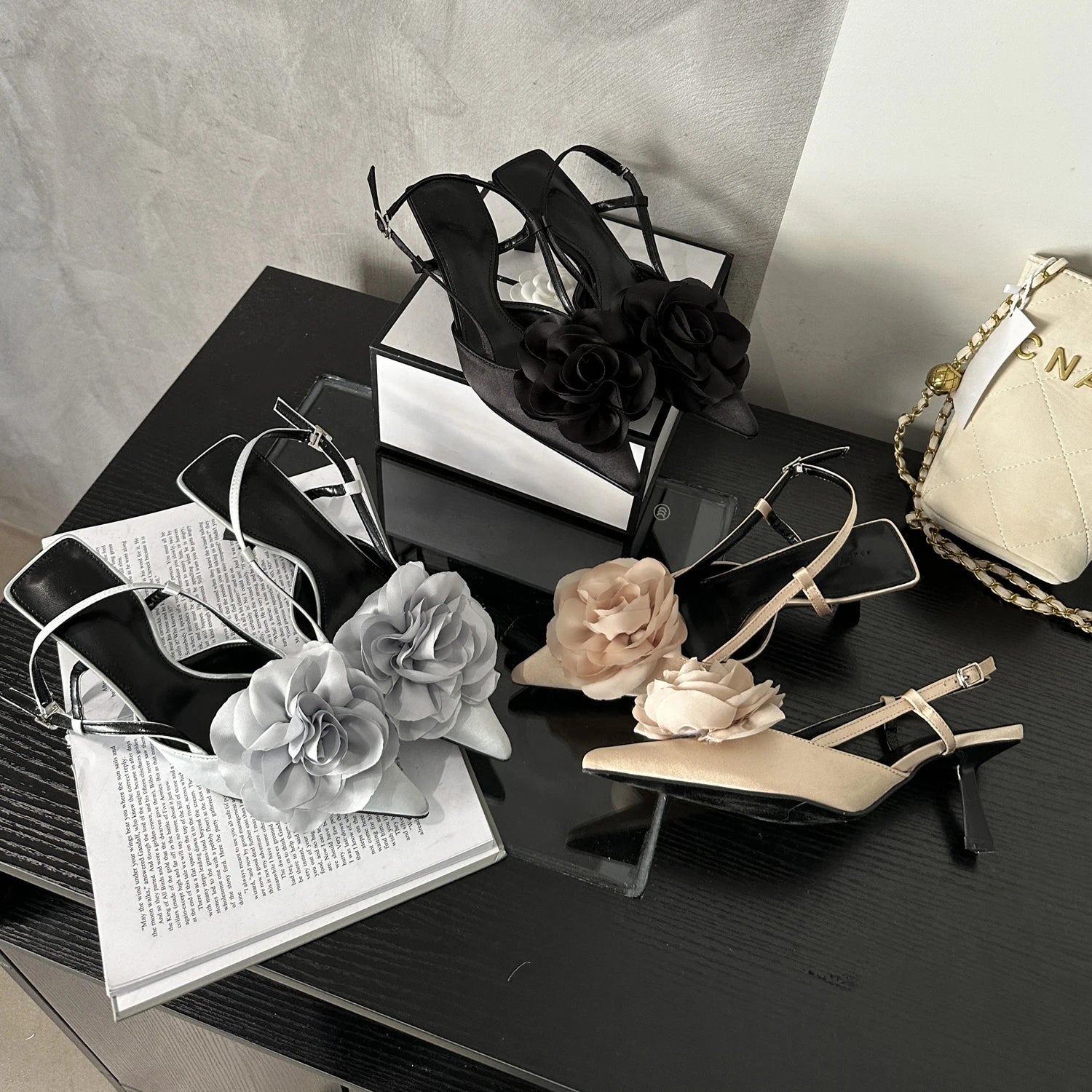 Flower Buckle Strap Pumps with Sexy Pointed Toe and Thin Heels for Women