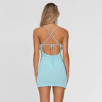 Spaghetti Strap V-Neck 3D Rosette Trim Knit Bodycon Mini Dress