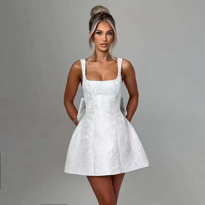 Off Shoulder Oversized Bow Jacquard Fit and Flare Mini Dress